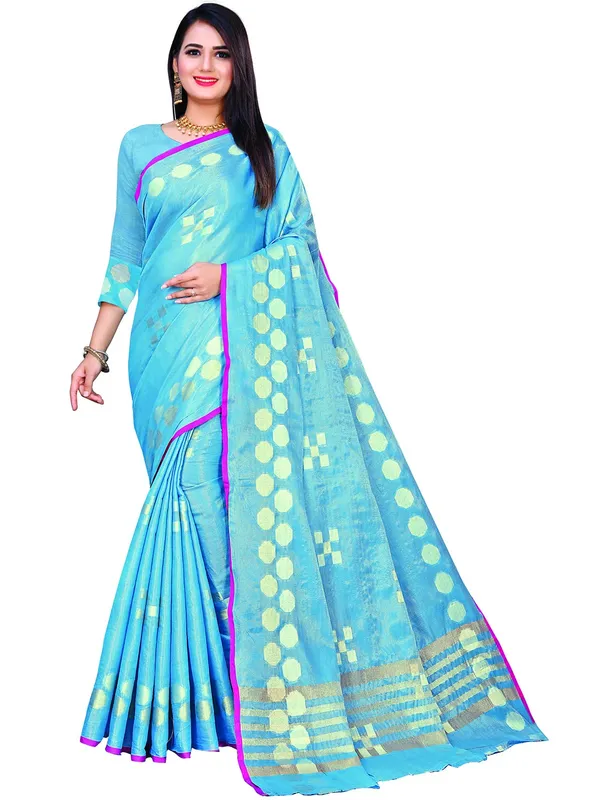 Blue_Cotton___Jacquard_Premium_&_Elegant_(_Zari_Woven_Geometric_Pattern_Motifs_Contemporar_)_Banarasi_Saree_With_Blouse_Piece_For_Women