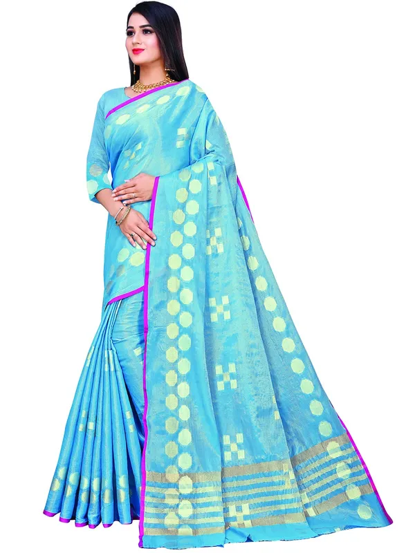 Blue_Cotton___Jacquard_Premium_&_Elegant_(_Zari_Woven_Geometric_Pattern_Motifs_Contemporar_)_Banarasi_Saree_With_Blouse_Piece_For_Women