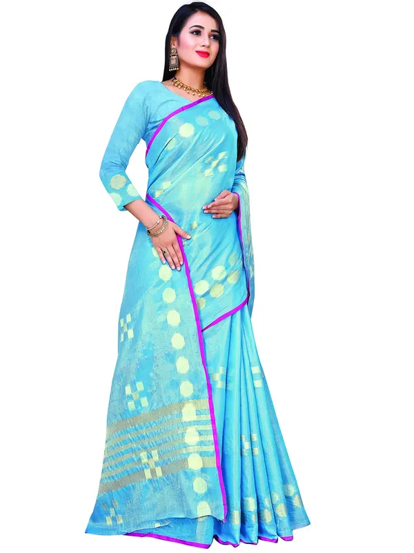 Blue_Cotton___Jacquard_Premium_&_Elegant_(_Zari_Woven_Geometric_Pattern_Motifs_Contemporar_)_Banarasi_Saree_With_Blouse_Piece_For_Women