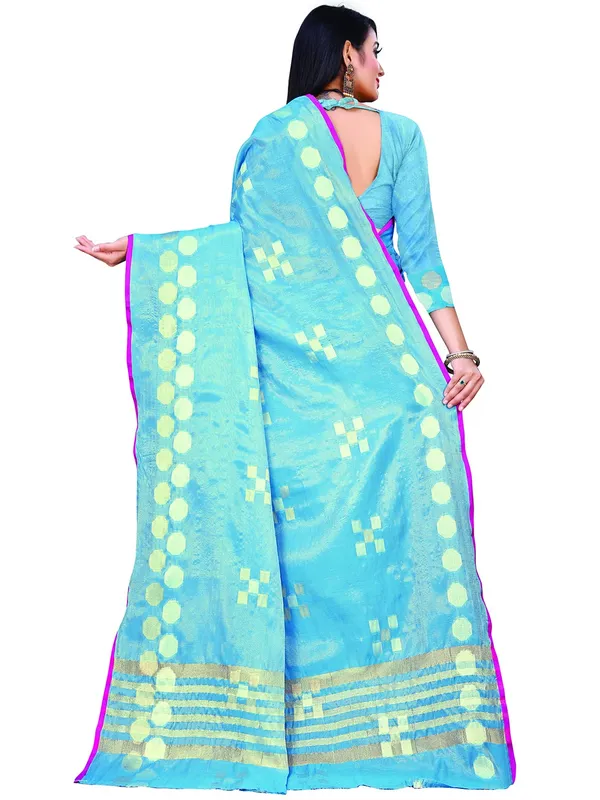 Blue_Cotton___Jacquard_Premium_&_Elegant_(_Zari_Woven_Geometric_Pattern_Motifs_Contemporar_)_Banarasi_Saree_With_Blouse_Piece_For_Women