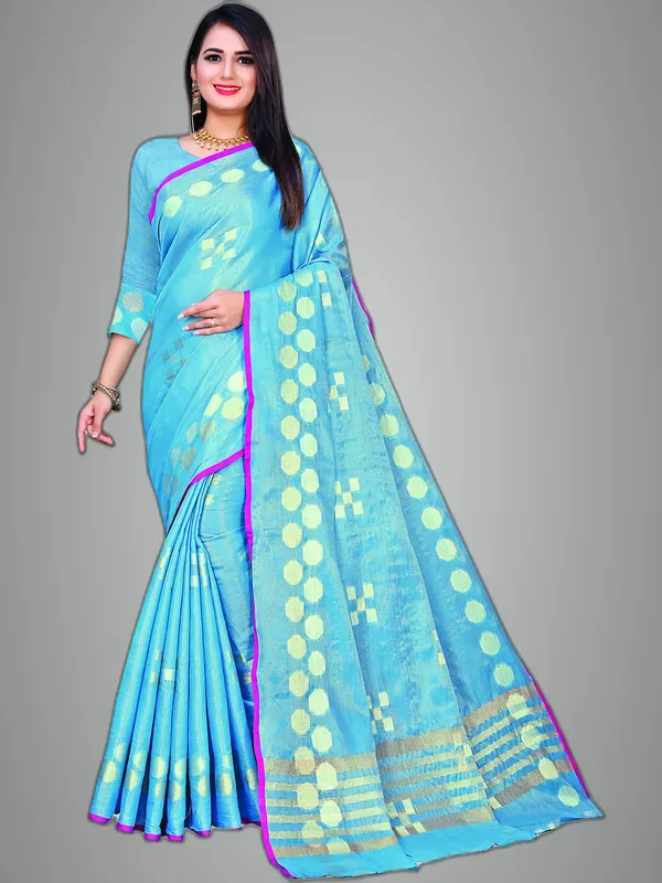 Blue_Cotton___Jacquard_Premium_&_Elegant_(_Zari_Woven_Geometric_Pattern_Motifs_Contemporar_)_Banarasi_Saree_With_Blouse_Piece_For_Women