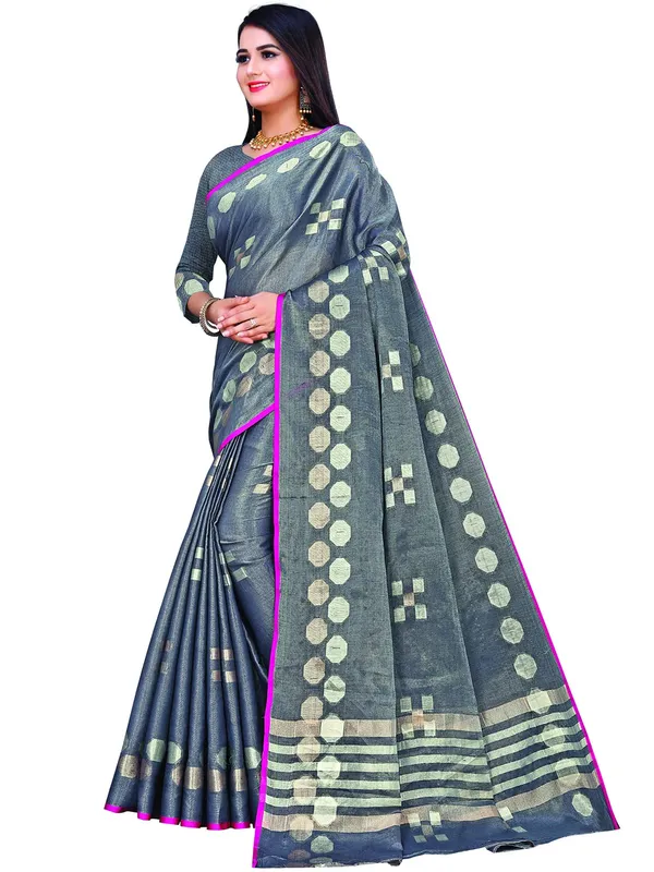 Grey_Cotton___Jacquard_Premium_&_Elegant_(_Zari_Woven_Geometric_Pattern_Motifs_Contemporar_)_Banarasi_Saree_With_Blouse_Piece_For_Women