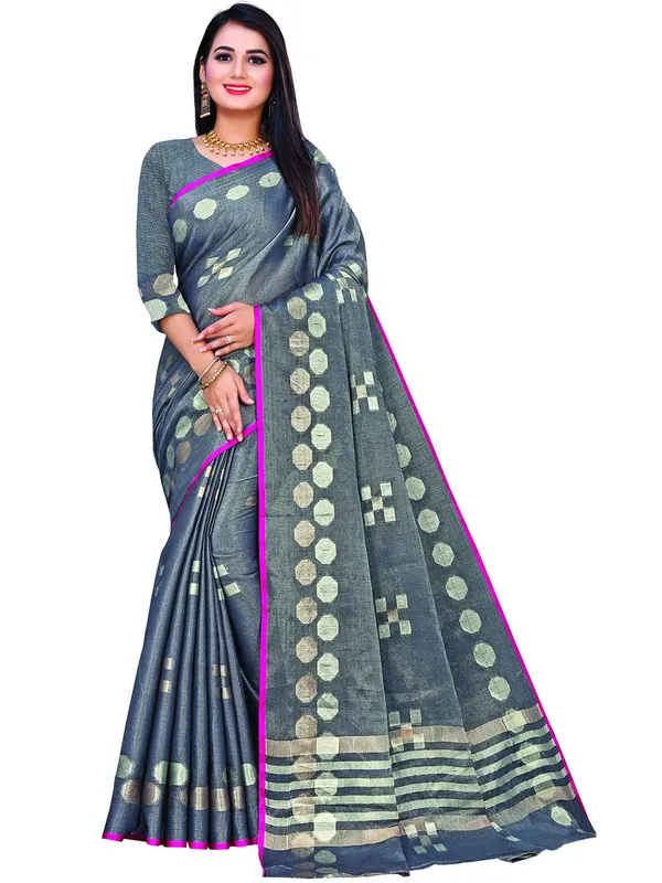 Grey_Cotton___Jacquard_Premium_&_Elegant_(_Zari_Woven_Geometric_Pattern_Motifs_Contemporar_)_Banarasi_Saree_With_Blouse_Piece_For_Women