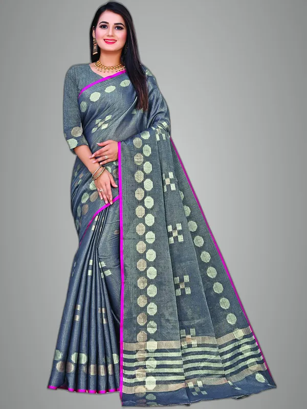 Grey_Cotton___Jacquard_Premium_&_Elegant_(_Zari_Woven_Geometric_Pattern_Motifs_Contemporar_)_Banarasi_Saree_With_Blouse_Piece_For_Women