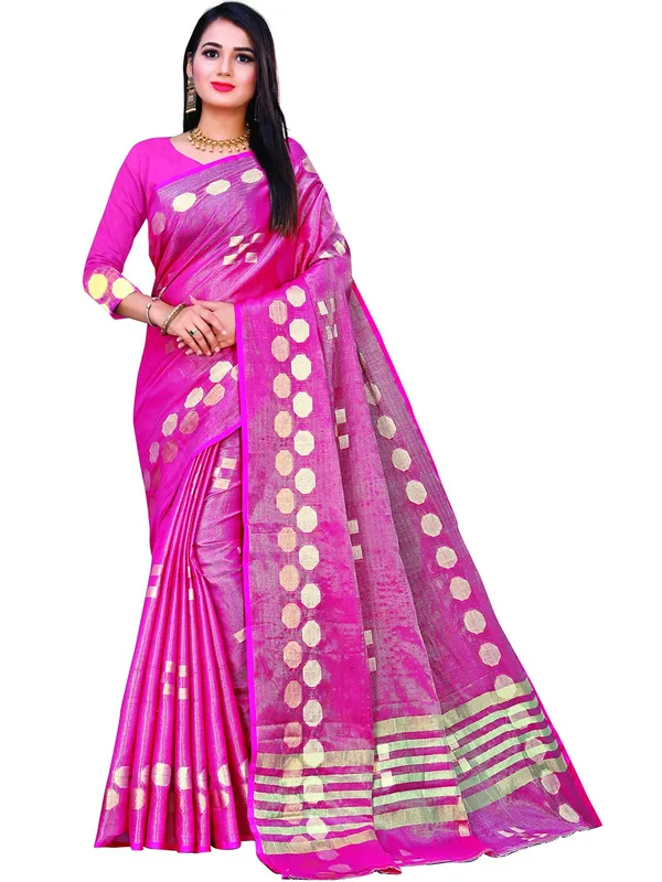 Hot_Pink_Cotton___Jacquard_Premium_&_Elegant_(_Zari_Woven_Geometric_Pattern_Motifs_Contemporar_)_Banarasi_Saree_With_Blouse_Piece_For_Women