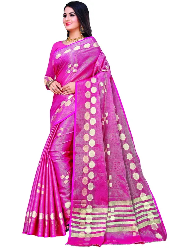 Hot_Pink_Cotton___Jacquard_Premium_&_Elegant_(_Zari_Woven_Geometric_Pattern_Motifs_Contemporar_)_Banarasi_Saree_With_Blouse_Piece_For_Women