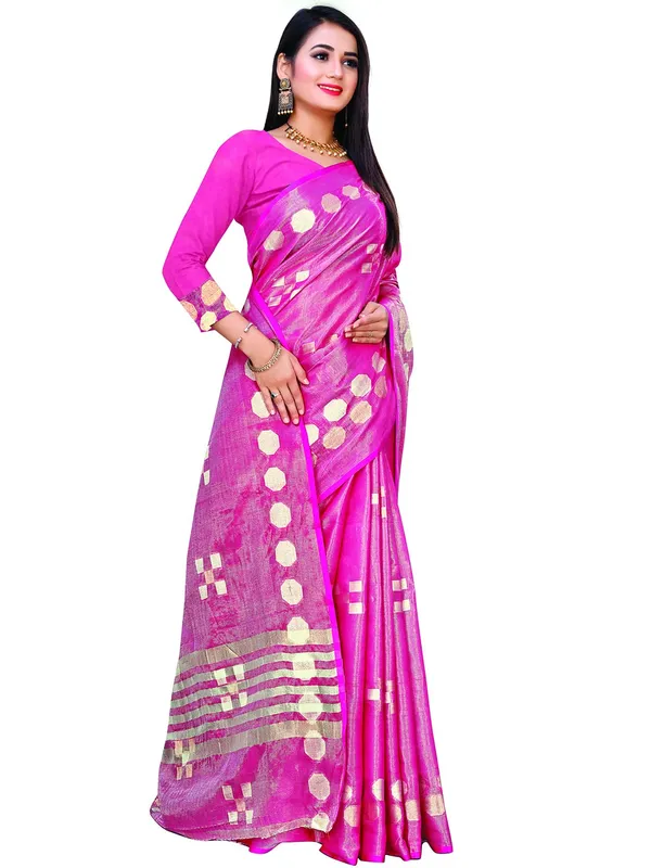 Hot_Pink_Cotton___Jacquard_Premium_&_Elegant_(_Zari_Woven_Geometric_Pattern_Motifs_Contemporar_)_Banarasi_Saree_With_Blouse_Piece_For_Women