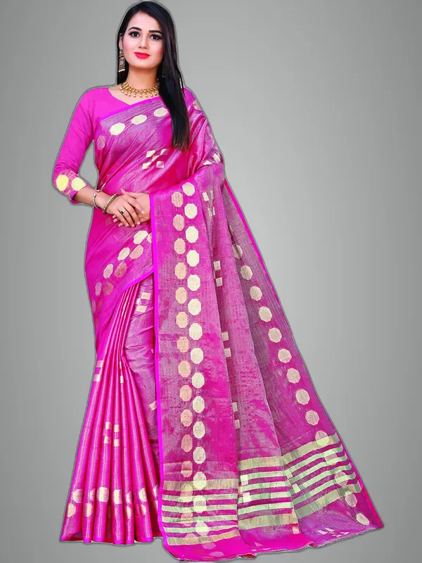 Hot_Pink_Cotton___Jacquard_Premium_&_Elegant_(_Zari_Woven_Geometric_Pattern_Motifs_Contemporar_)_Banarasi_Saree_With_Blouse_Piece_For_Women