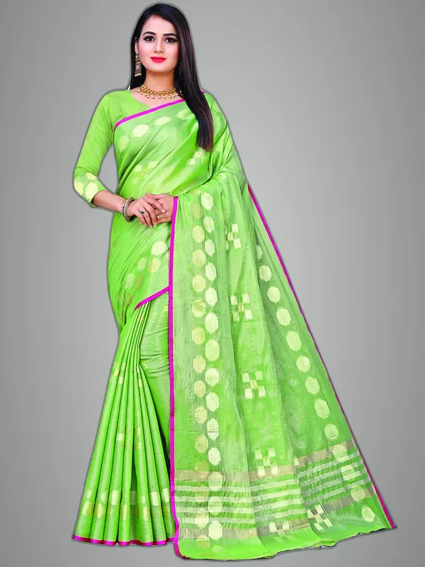 Olive_Green_Cotton___Jacquard_Premium_&_Elegant_(_Zari_Woven_Geometric_Pattern_Motifs_Contemporar_)_Banarasi_Saree_With_Blouse_Piece_For_Women