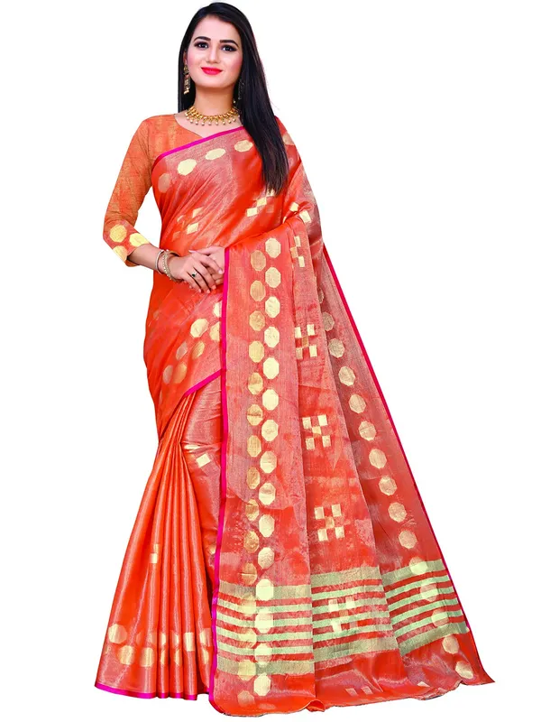 Orange_Cotton___Jacquard_Premium_&_Elegant_(_Zari_Woven_Geometric_Pattern_Motifs_Contemporar_)_Banarasi_Saree_With_Blouse_Piece_For_Women