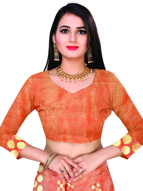 Orange_Cotton___Jacquard_Premium_&_Elegant_(_Zari_Woven_Geometric_Pattern_Motifs_Contemporar_)_Banarasi_Saree_With_Blouse_Piece_For_Women