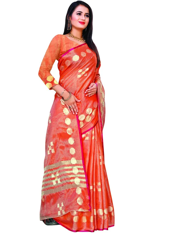 Orange_Cotton___Jacquard_Premium_&_Elegant_(_Zari_Woven_Geometric_Pattern_Motifs_Contemporar_)_Banarasi_Saree_With_Blouse_Piece_For_Women