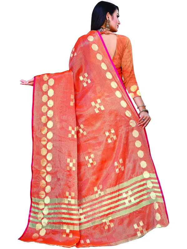 Orange_Cotton___Jacquard_Premium_&_Elegant_(_Zari_Woven_Geometric_Pattern_Motifs_Contemporar_)_Banarasi_Saree_With_Blouse_Piece_For_Women