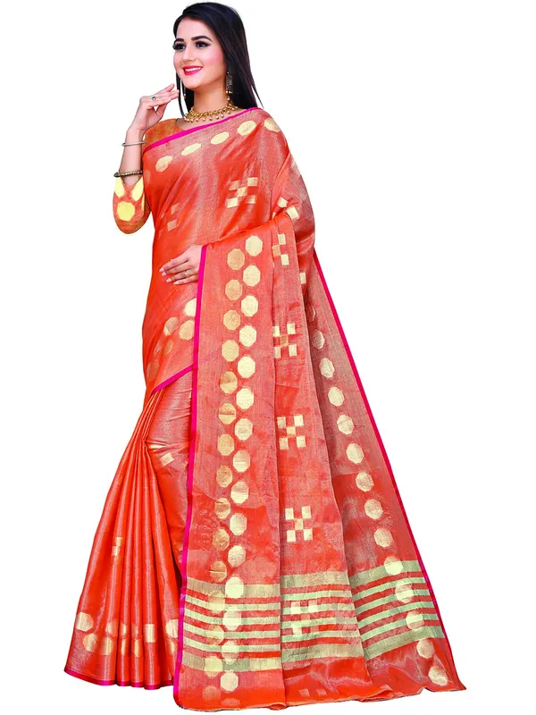 Orange_Cotton___Jacquard_Premium_&_Elegant_(_Zari_Woven_Geometric_Pattern_Motifs_Contemporar_)_Banarasi_Saree_With_Blouse_Piece_For_Women