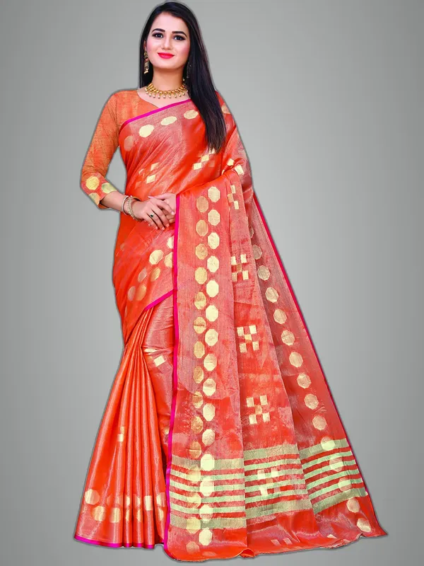 Orange_Cotton___Jacquard_Premium_&_Elegant_(_Zari_Woven_Geometric_Pattern_Motifs_Contemporar_)_Banarasi_Saree_With_Blouse_Piece_For_Women