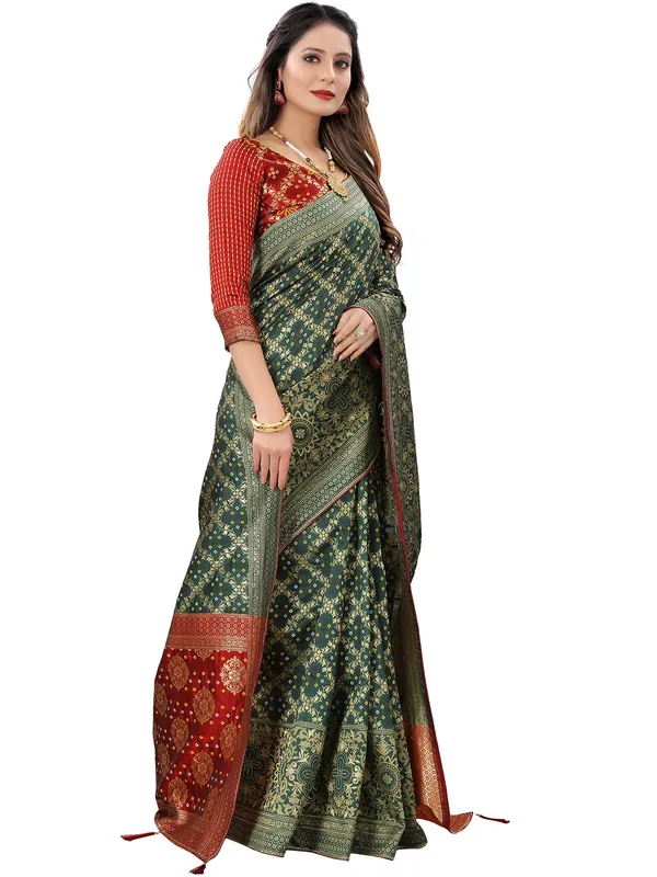 Bottle_Green_Polyester_Premium_&_Elegant_(_Bandhani_Pattern,_Rich_Pallu,_Tasselled_Border_)_Banarasi_Fusion_Saree_With_Blouse_Piece_For_Women