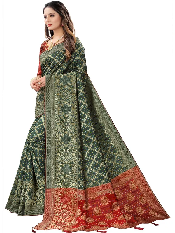 Bottle_Green_Polyester_Premium_&_Elegant_(_Bandhani_Pattern,_Rich_Pallu,_Tasselled_Border_)_Banarasi_Fusion_Saree_With_Blouse_Piece_For_Women