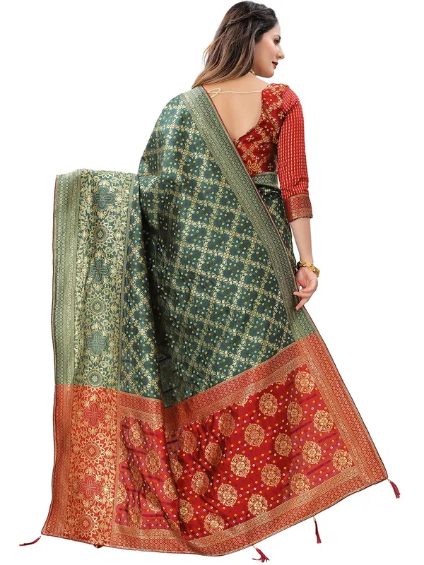 Bottle_Green_Polyester_Premium_&_Elegant_(_Bandhani_Pattern,_Rich_Pallu,_Tasselled_Border_)_Banarasi_Fusion_Saree_With_Blouse_Piece_For_Women