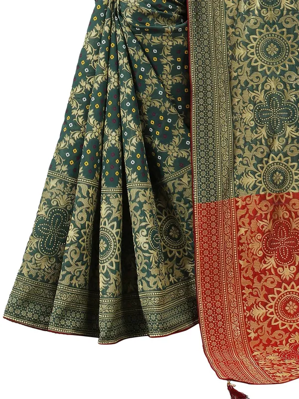 Bottle_Green_Polyester_Premium_&_Elegant_(_Bandhani_Pattern,_Rich_Pallu,_Tasselled_Border_)_Banarasi_Fusion_Saree_With_Blouse_Piece_For_Women