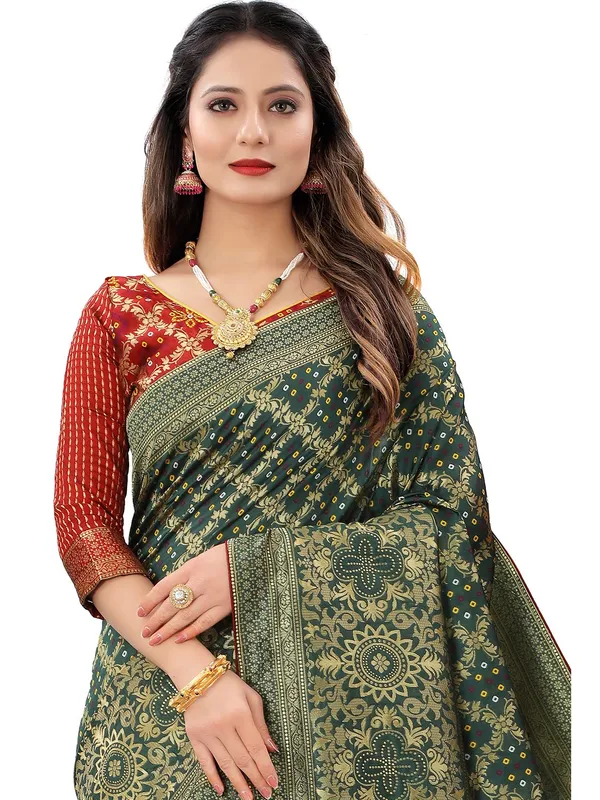 Bottle_Green_Polyester_Premium_&_Elegant_(_Bandhani_Pattern,_Rich_Pallu,_Tasselled_Border_)_Banarasi_Fusion_Saree_With_Blouse_Piece_For_Women