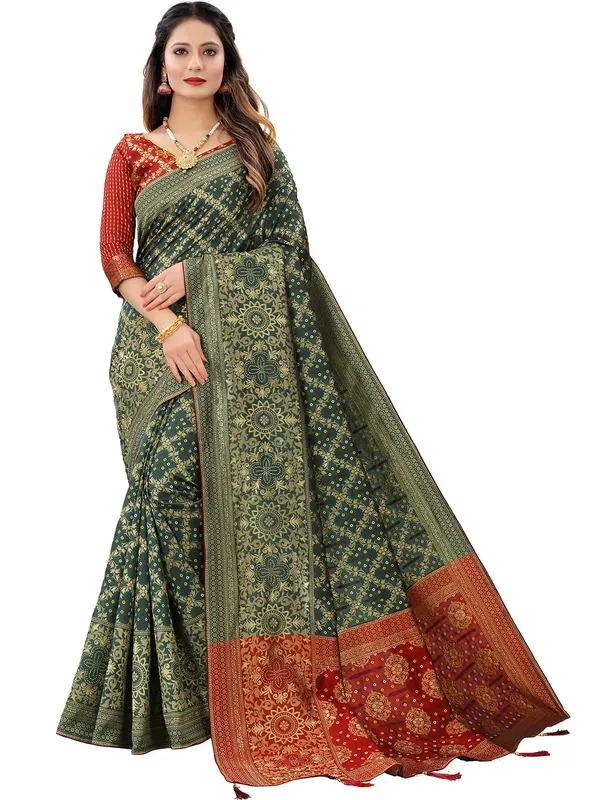 Bottle_Green_Polyester_Premium_&_Elegant_(_Bandhani_Pattern,_Rich_Pallu,_Tasselled_Border_)_Banarasi_Fusion_Saree_With_Blouse_Piece_For_Women