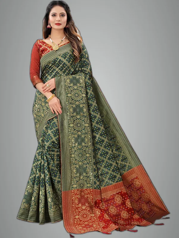 Bottle_Green_Polyester_Premium_&_Elegant_(_Bandhani_Pattern,_Rich_Pallu,_Tasselled_Border_)_Banarasi_Fusion_Saree_With_Blouse_Piece_For_Women