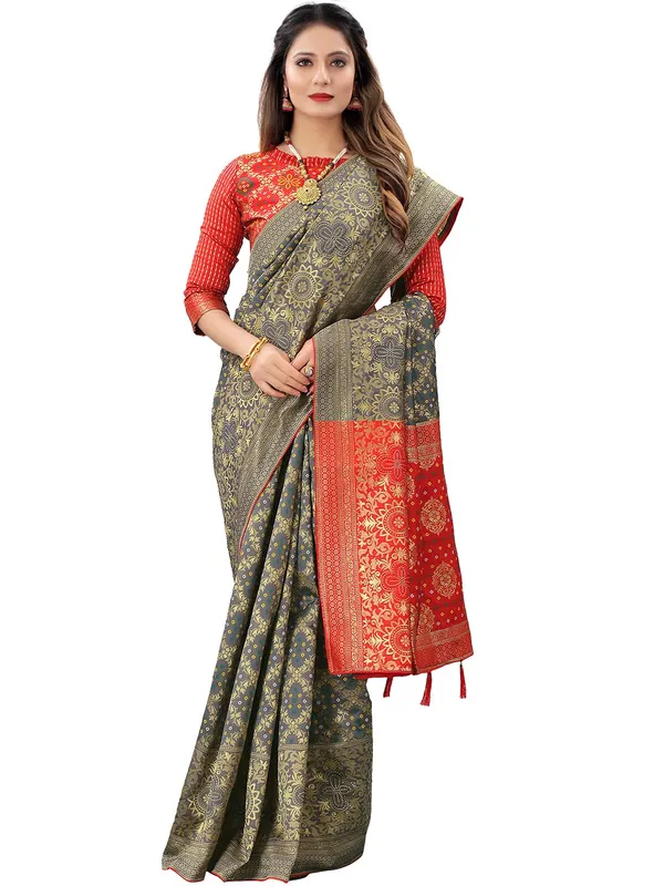 Grey_Polyester_Premium_&_Elegant_Banarasi_Fusion_Saree_With_Blouse_Piece_For_Women
