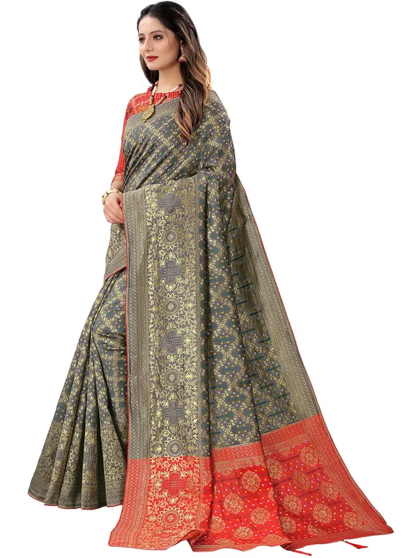 Grey_Polyester_Premium_&_Elegant_Banarasi_Fusion_Saree_With_Blouse_Piece_For_Women