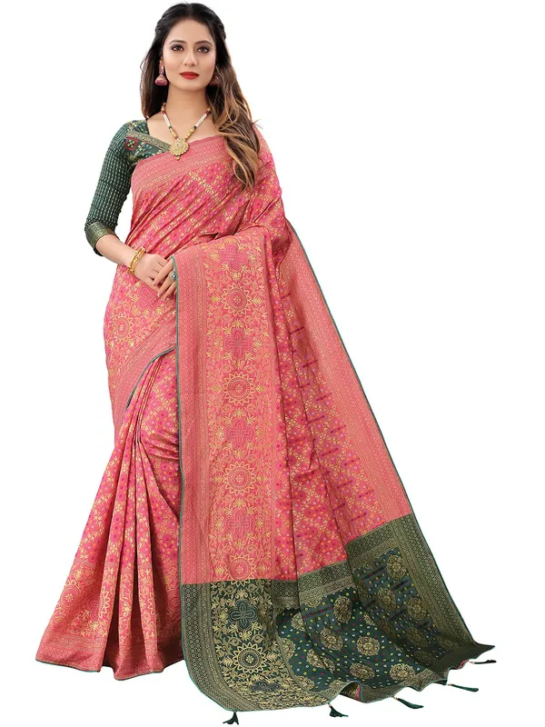 Hot_Pink_Polyester_Premium_&_Elegant_Banarasi_Fusion_Saree_With_Blouse_Piece_For_Women
