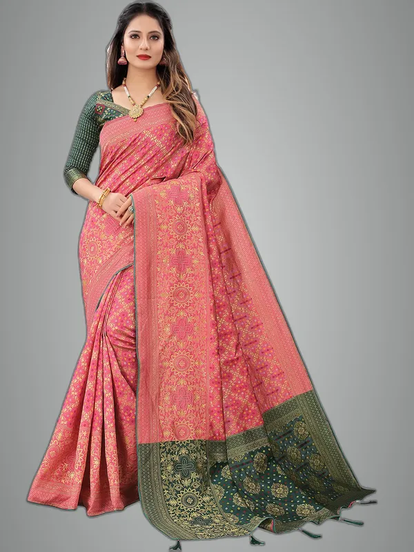 Hot_Pink_Polyester_Premium_&_Elegant_Banarasi_Fusion_Saree_With_Blouse_Piece_For_Women