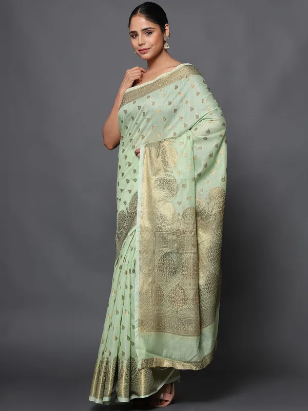 Light_Green_Cotton_Silk_Premium_&_Elegant_(_Zari_Tree_Pattern_Border_Rich_Pallu_)_Banarasi_Saree_With_Blouse_Piece_For_Women