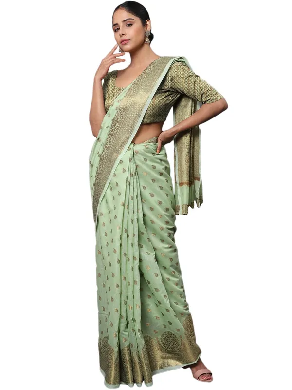 Light_Green_Cotton_Silk_Premium_&_Elegant_(_Zari_Tree_Pattern_Border_Rich_Pallu_)_Banarasi_Saree_With_Blouse_Piece_For_Women