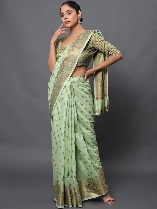 Light_Green_Cotton_Silk_Premium_&_Elegant_(_Zari_Tree_Pattern_Border_Rich_Pallu_)_Banarasi_Saree_With_Blouse_Piece_For_Women