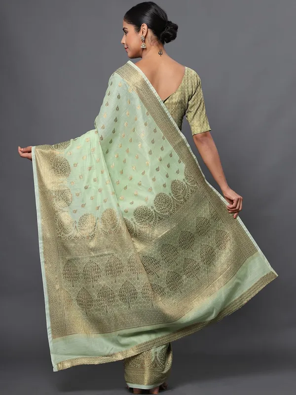 Light_Green_Cotton_Silk_Premium_&_Elegant_(_Zari_Tree_Pattern_Border_Rich_Pallu_)_Banarasi_Saree_With_Blouse_Piece_For_Women