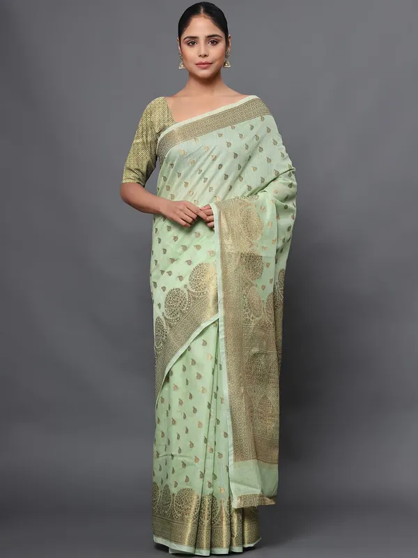 Light_Green_Cotton_Silk_Premium_&_Elegant_(_Zari_Tree_Pattern_Border_Rich_Pallu_)_Banarasi_Saree_With_Blouse_Piece_For_Women