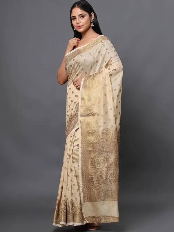 Khaki_Cotton_Silk_Premium_&_Elegant_(_Zari_Tree_Pattern_Border_Rich_Pallu_)_Banarasi_Saree_With_Blouse_Piece_For_Women
