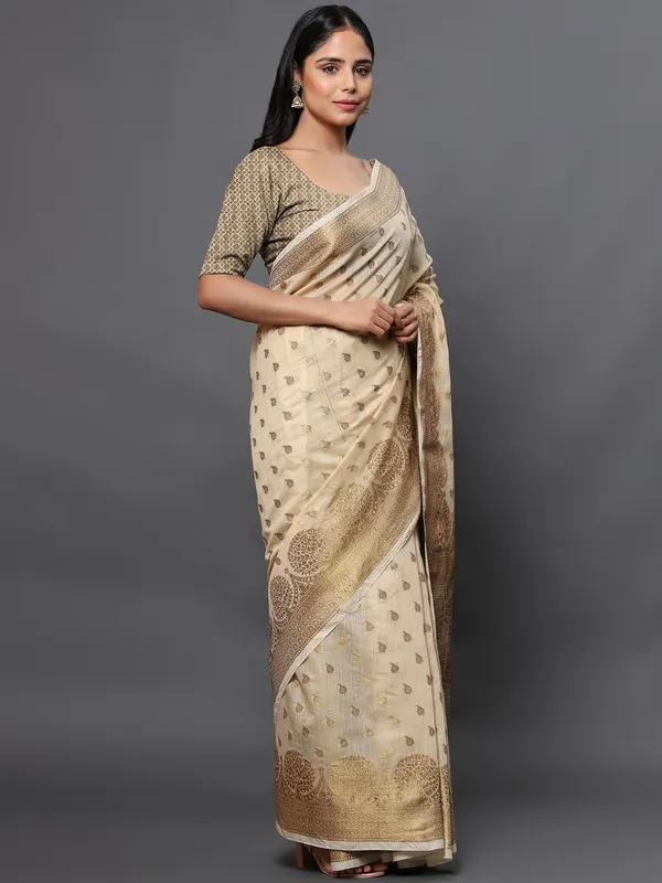 Khaki_Cotton_Silk_Premium_&_Elegant_(_Zari_Tree_Pattern_Border_Rich_Pallu_)_Banarasi_Saree_With_Blouse_Piece_For_Women