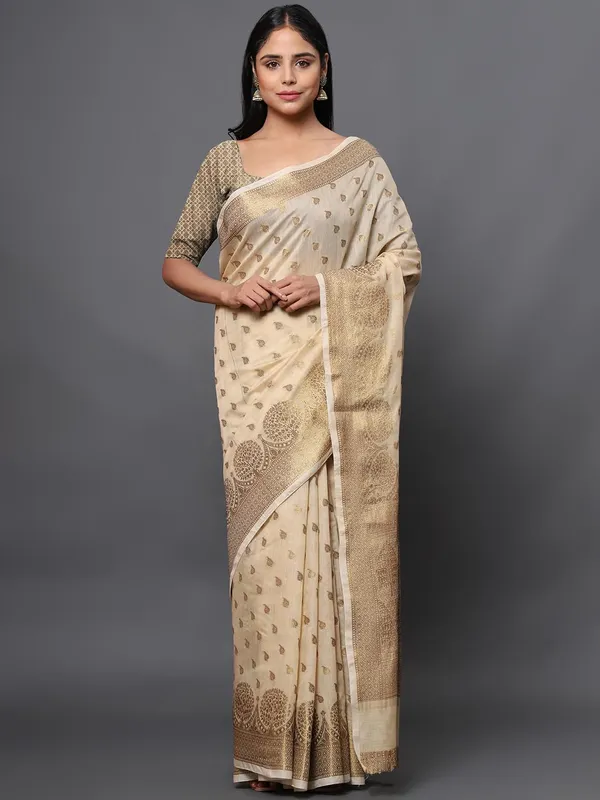 Khaki_Cotton_Silk_Premium_&_Elegant_(_Zari_Tree_Pattern_Border_Rich_Pallu_)_Banarasi_Saree_With_Blouse_Piece_For_Women