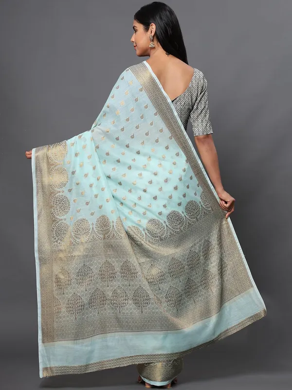 Light_Blue_Cotton_Silk_Premium_&_Elegant_(_Zari_Tree_Pattern_Border_Rich_Pallu_)_Banarasi_Saree_With_Blouse_Piece_For_Women