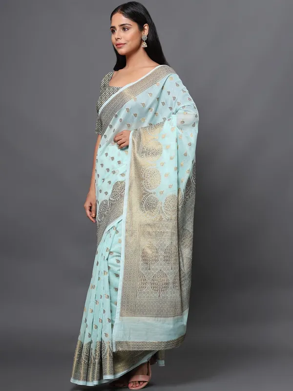 Light_Blue_Cotton_Silk_Premium_&_Elegant_(_Zari_Tree_Pattern_Border_Rich_Pallu_)_Banarasi_Saree_With_Blouse_Piece_For_Women