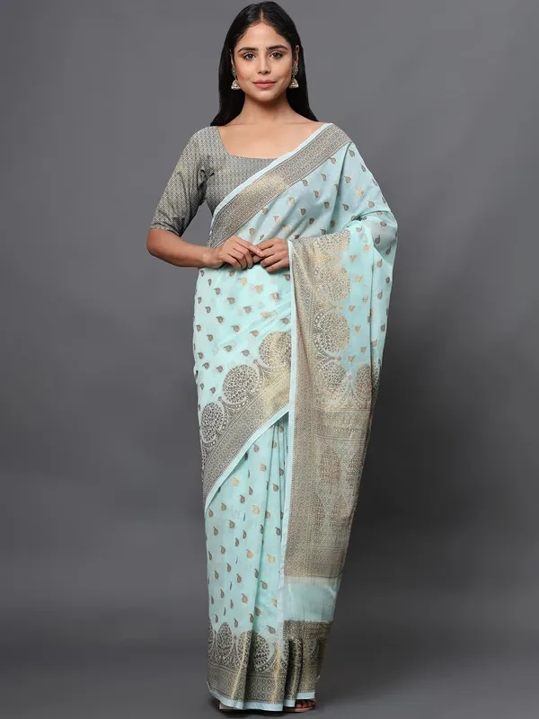 Light_Blue_Cotton_Silk_Premium_&_Elegant_(_Zari_Tree_Pattern_Border_Rich_Pallu_)_Banarasi_Saree_With_Blouse_Piece_For_Women