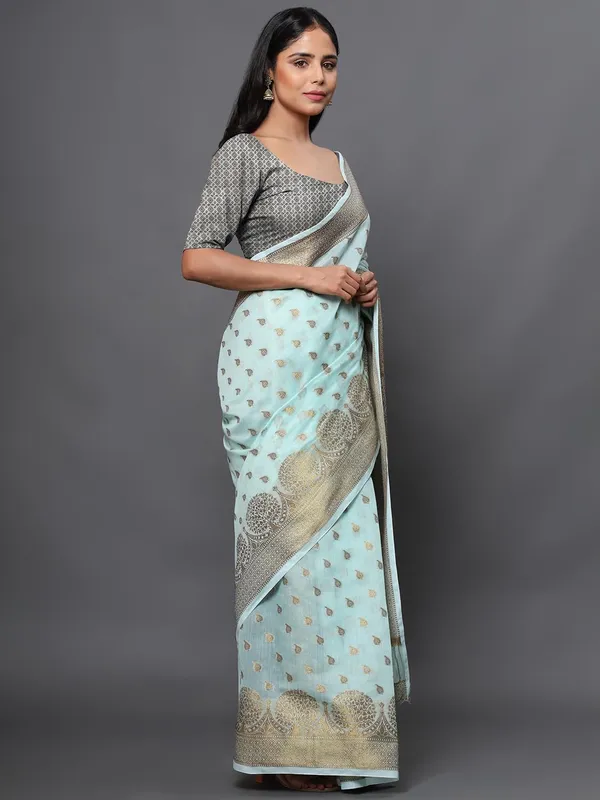 Light_Blue_Cotton_Silk_Premium_&_Elegant_(_Zari_Tree_Pattern_Border_Rich_Pallu_)_Banarasi_Saree_With_Blouse_Piece_For_Women
