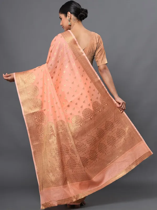 Peach_Orange_Cotton_Silk_Premium_&_Elegant_(_Zari_Tree_Pattern_Border_Rich_Pallu_)_Banarasi_Saree_With_Blouse_Piece_For_Women