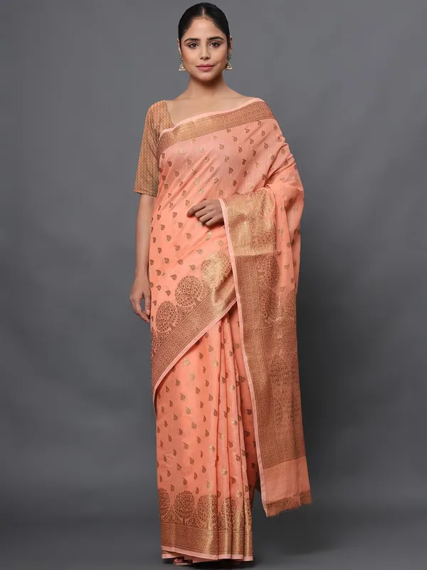 Peach_Orange_Cotton_Silk_Premium_&_Elegant_(_Zari_Tree_Pattern_Border_Rich_Pallu_)_Banarasi_Saree_With_Blouse_Piece_For_Women