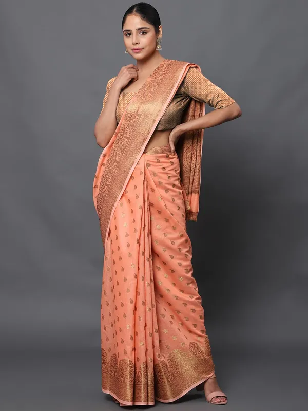 Peach_Orange_Cotton_Silk_Premium_&_Elegant_(_Zari_Tree_Pattern_Border_Rich_Pallu_)_Banarasi_Saree_With_Blouse_Piece_For_Women