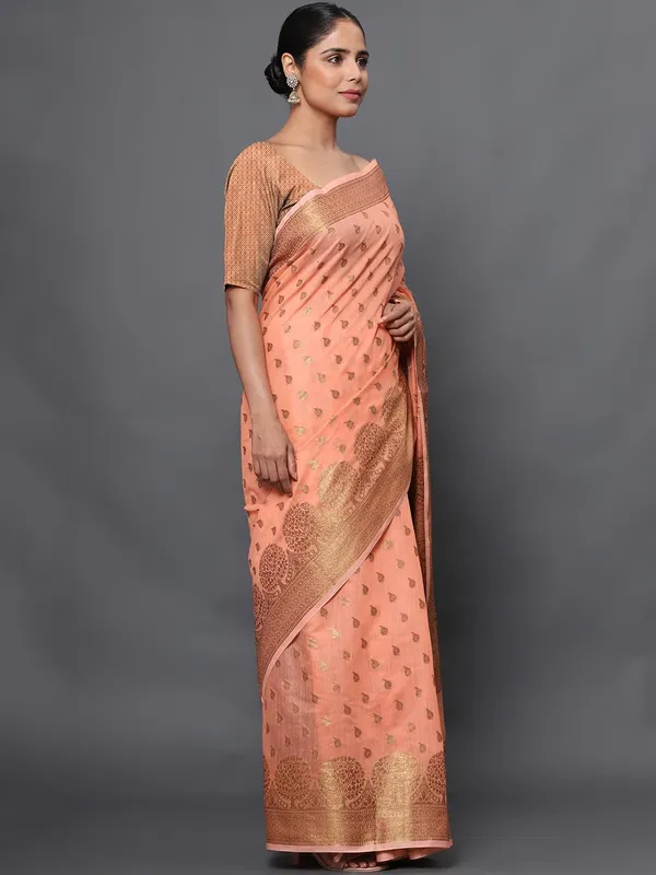Peach_Orange_Cotton_Silk_Premium_&_Elegant_(_Zari_Tree_Pattern_Border_Rich_Pallu_)_Banarasi_Saree_With_Blouse_Piece_For_Women