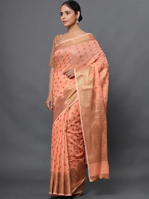Peach_Orange_Cotton_Silk_Premium_&_Elegant_(_Zari_Tree_Pattern_Border_Rich_Pallu_)_Banarasi_Saree_With_Blouse_Piece_For_Women