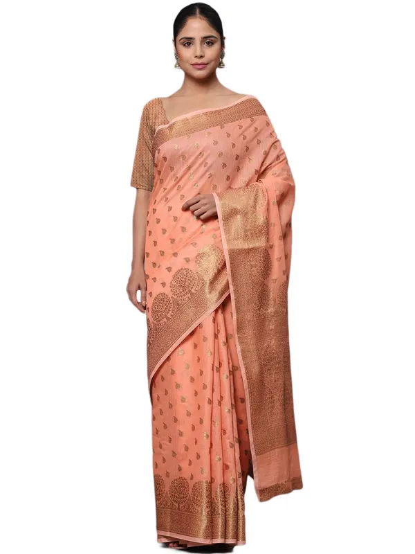 Peach_Orange_Cotton_Silk_Premium_&_Elegant_(_Zari_Tree_Pattern_Border_Rich_Pallu_)_Banarasi_Saree_With_Blouse_Piece_For_Women