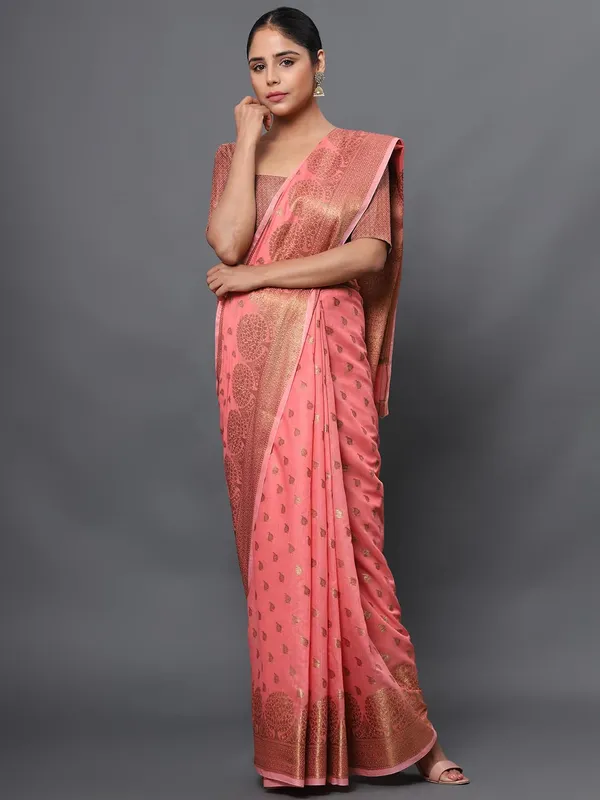 French_Pink_Cotton_Silk_Premium_&_Elegant_(_Zari_Tree_Pattern_Border_Rich_Pallu_)_Banarasi_Saree_With_Blouse_Piece_For_Women