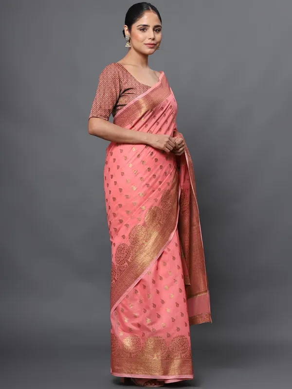 French_Pink_Cotton_Silk_Premium_&_Elegant_(_Zari_Tree_Pattern_Border_Rich_Pallu_)_Banarasi_Saree_With_Blouse_Piece_For_Women